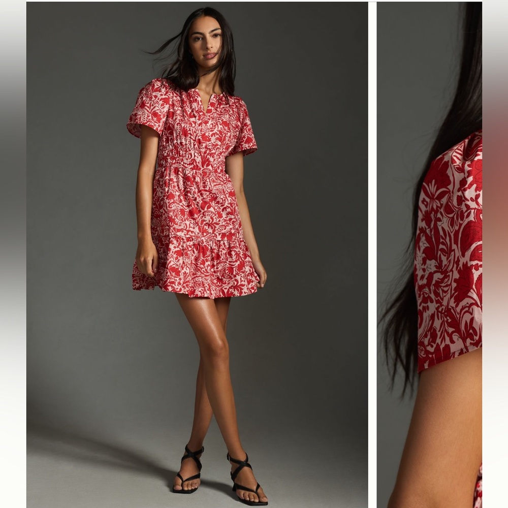 Anthropologie Red Floral V-Neck Smocked Mini Dress